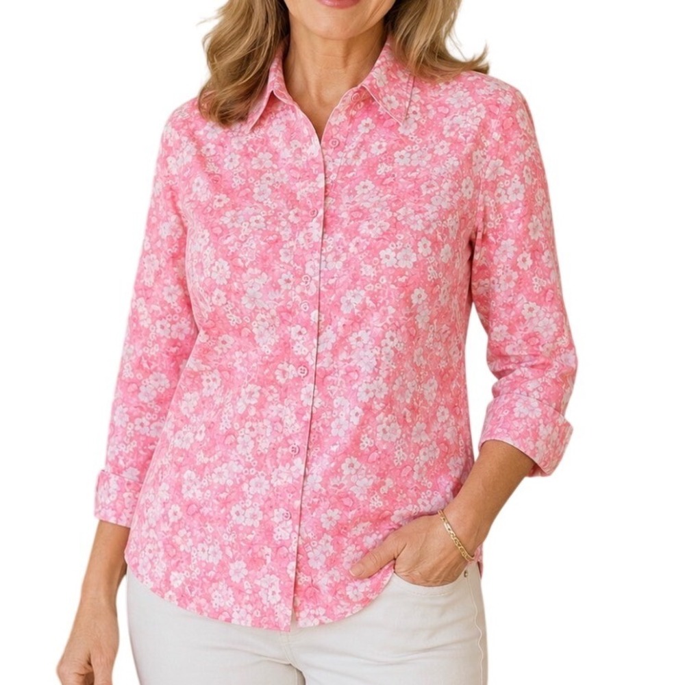 Emma James Size 14‎ Floral Button Down Shirt Peachy Pink 3/4 Sleeve Blouse